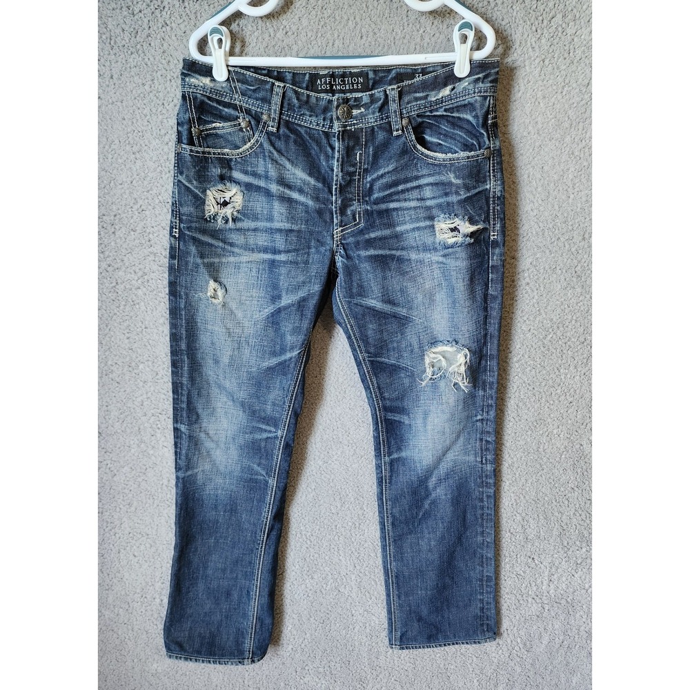 Affliction Ace Slim Straight Jeans Mens 33 Imperial Blue Distressed 0155104‎